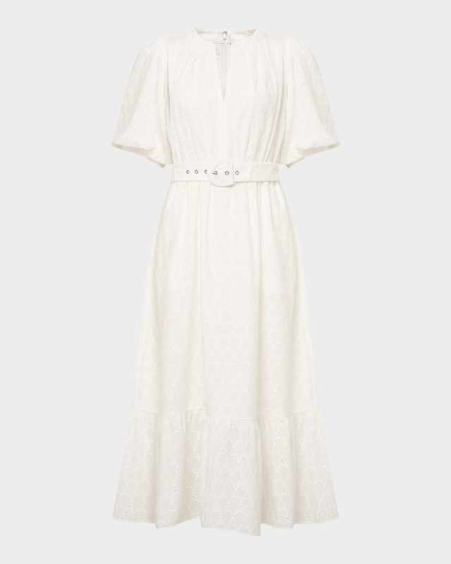 Polina Puff-Sleeve Flounce Eyelet Midi Dress